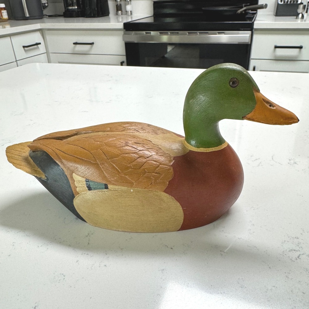 Vintage Hand Carved Wood Duck Decoy Mallard 9 inches Glass Eye Painted Unsigned